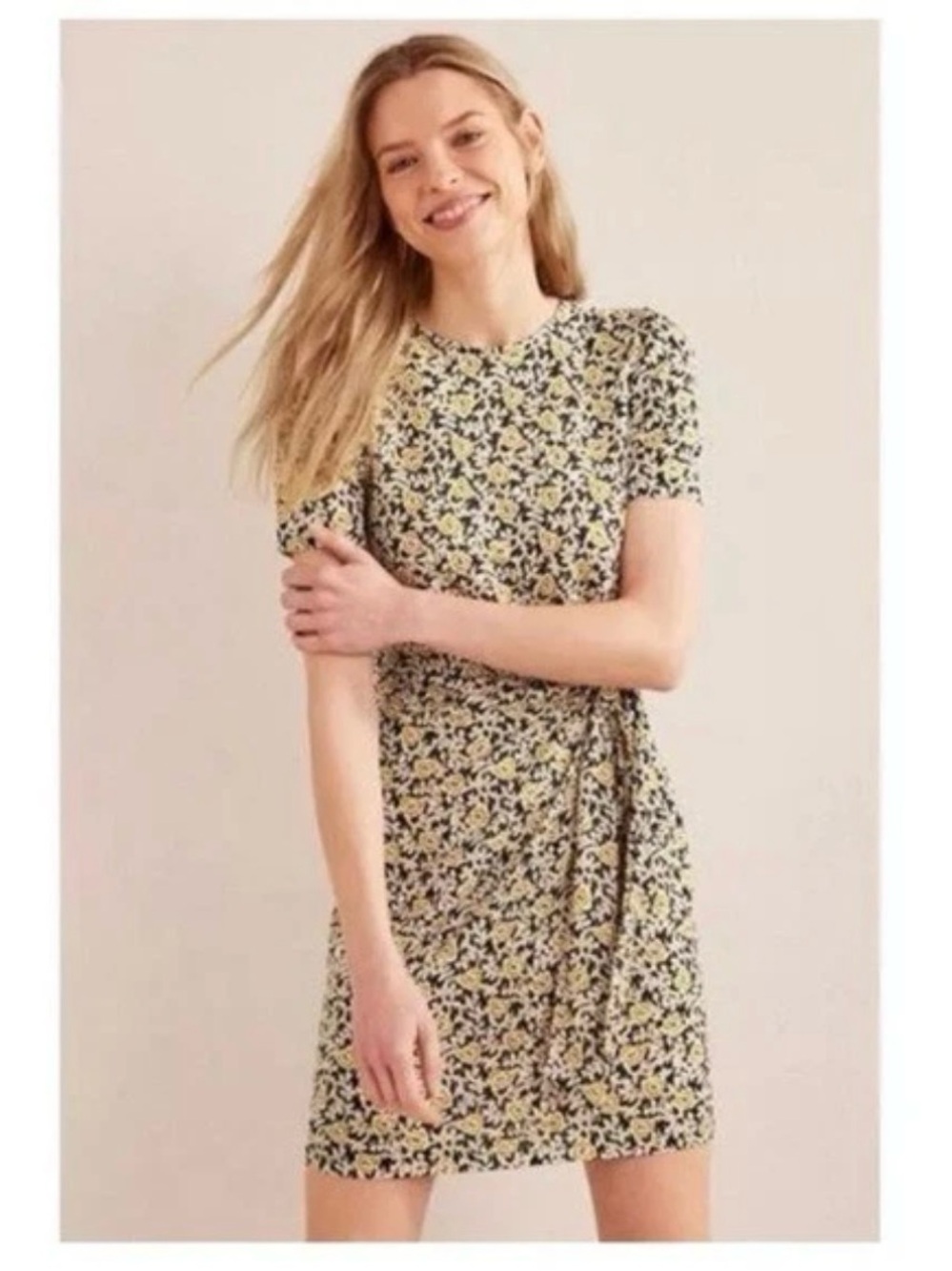 Boden Yellow and Black Floral Front Tie Short Dress